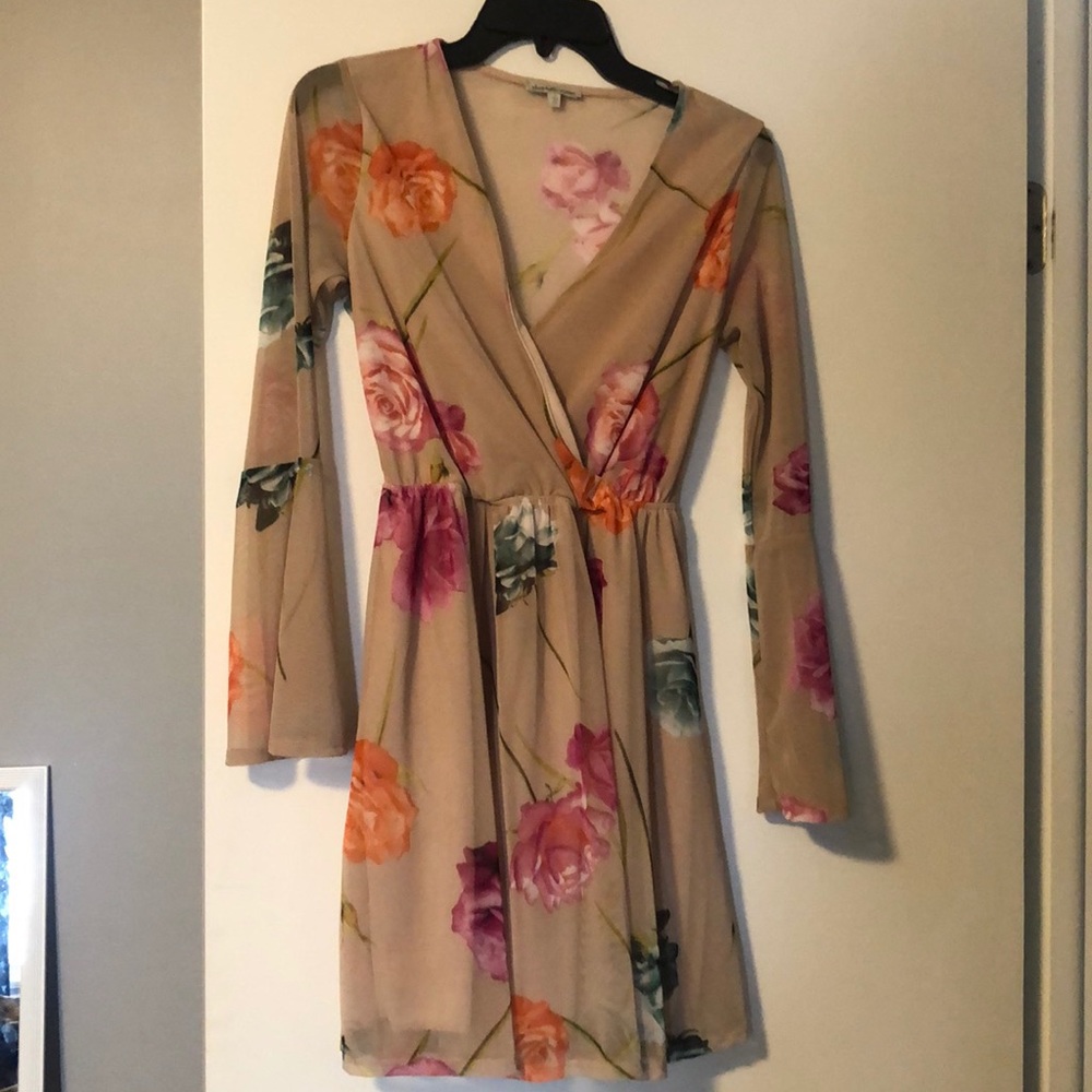 Classy Nude Floral Spring Flare Sleeve dress